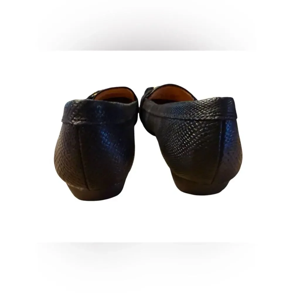 Naturalizer N5 Comfort Black Reptile Textured Loafer Gold Buckle Womens 6.5